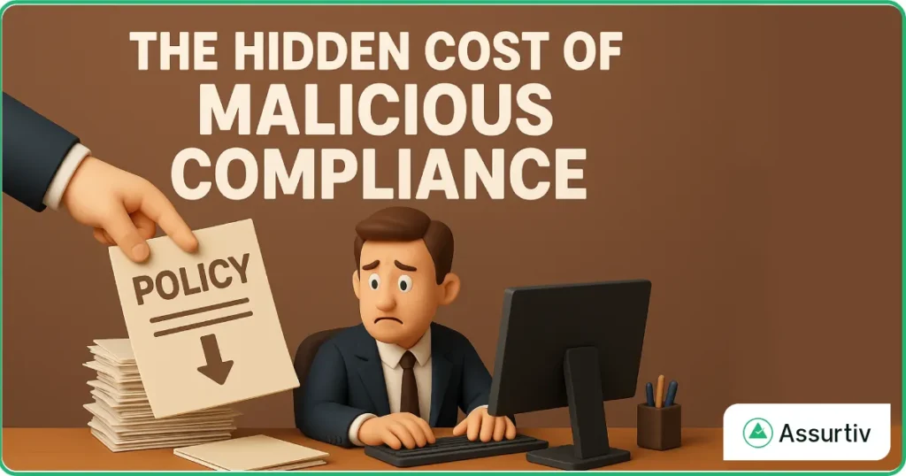 An employee getting worried by seeing the malicious compliance report by his leaders.